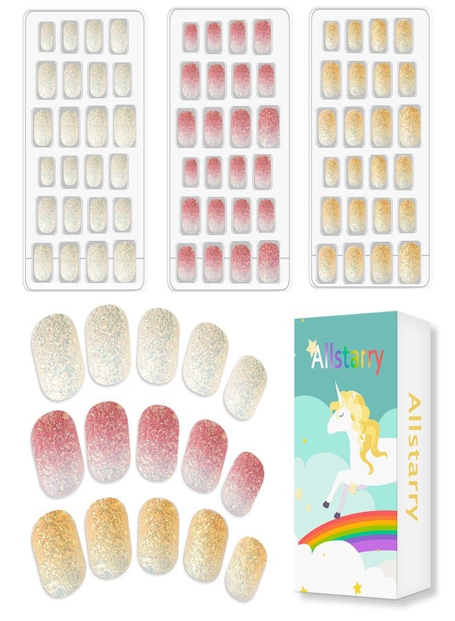 Allstarry 72pcs 3 pack Children Nails Press on Pre-glue Full Cover Glitter Press on Nails Shimmer Nails Short False Nail Kits Lovely Gift for Children Little Girls Nail Art - Shimmer Glitter - Image 1